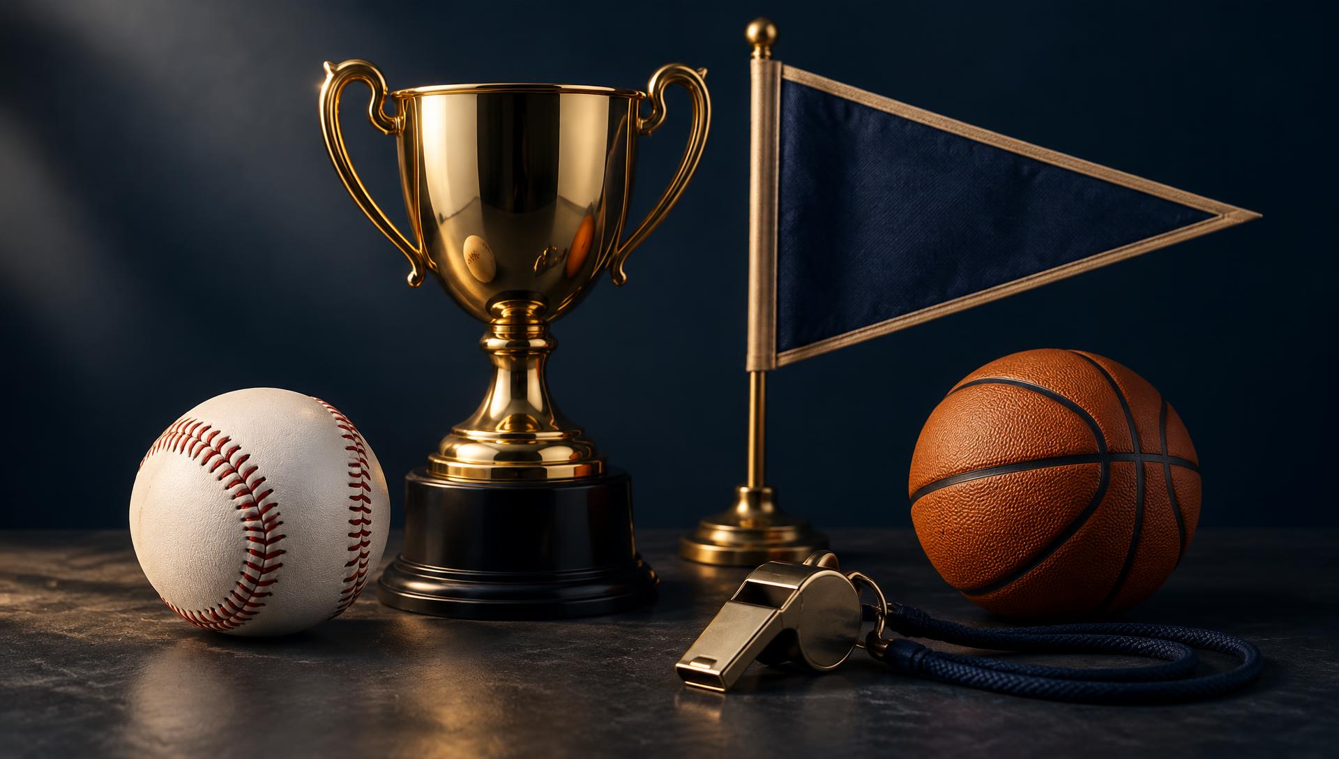 A gold trophy, baseball, blank navy pennant, whistle and basketball arranged on a dark background